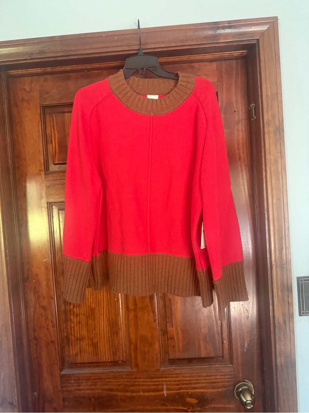 Anthropology Women's Two-Tone Red and Brown Crewneck Sweater